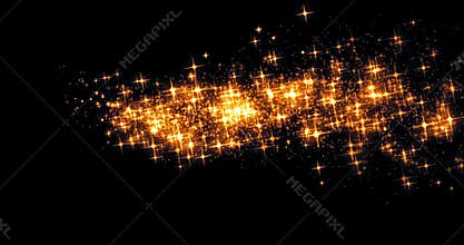 Gold glow glittering stars bokeh tail transition sparkle effect on black background, holiday happy new year