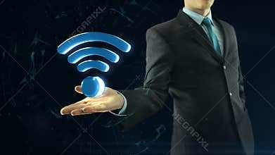 Business man has on hand wifi network symbol black