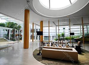 Upscale hotel interiors with skylight