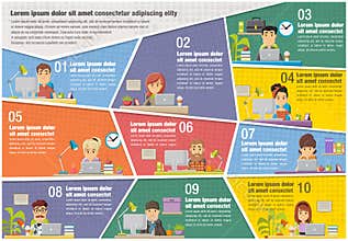 Vector brochure backgrounds with cartoon business people working on office.