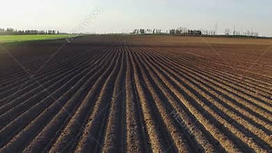 Flight above freshly cultivated fields at sunset in spring, aerial view