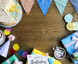 Birthday Celebration with Cake Presents Card Copy Space