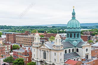 Aerial of Historic downtown Harrisburg, Pennsylvania next to the