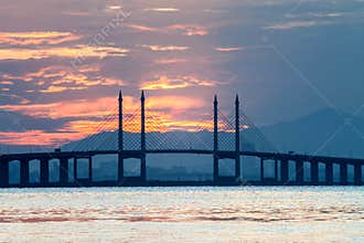 Concrete Penang Bridge view during sunrise as background