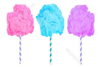 Cotton candy in pink, blue and purple colors isolated on white