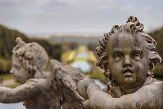 Caserta Palace Royal Garden,Italy Campania. Sculptural group:angel face.