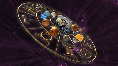 Rotating mystic astrology zodiac horoscope symbol with twelve planets in cosmic scene. 3D rendering. 4K