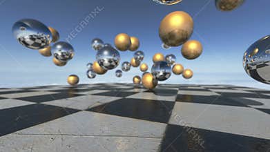 Animated surreal oprganic spheres falling down on a checkerboard. 3D rendering. 4K
