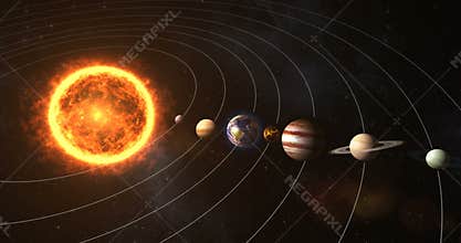 Solar system with sun and planets
