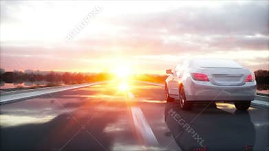 Luxury white car on highway, road. Very fast driving. Wonderfull sunset. Travel and motivation concept. Realistic 4k