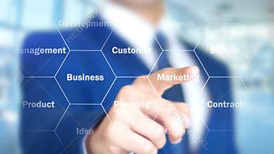 Product Management, Businessman working on holographic interface, Motion