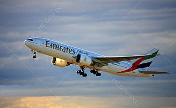 Emirates Boeing 777-200 taking off.