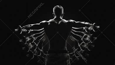 Black and white concept Bodybuilder turning back raising hands p