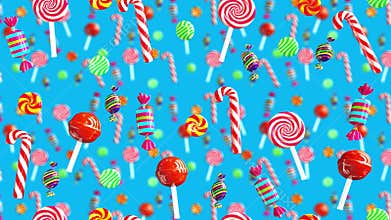 Bright glamour sweet juicy candies lollipop chupa chups caramel toffee sugar fall down. High quality background. Candy