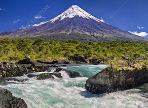 Waterfalls in front of Volcano Osorno Chile