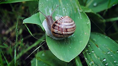 Snail creeps on green leaf