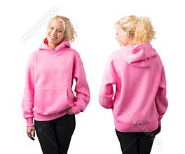 Woman wearing empty pink hoodie