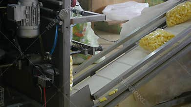 Packaging machine at workshop of food factory Process of packaging candy in foil package Factory worker Automated