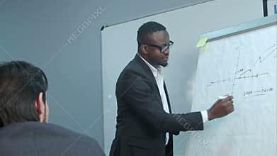 Afro-american businessman making presentation of a business plan on the flipchart