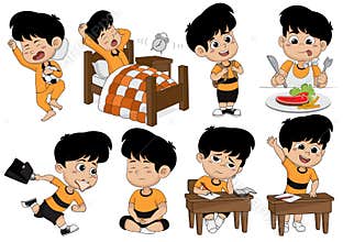 Set of kid activity, kid wake up, sleep, eat, go to school, learning