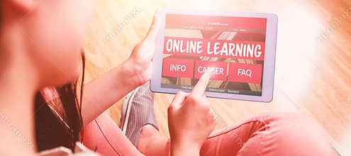 Composite 3d image of computer generated image of e-learning interface on screen