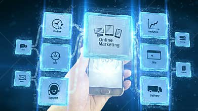 Shows online on line marketing commerce business electronic use with mobile devices, scheme concept. Black background.