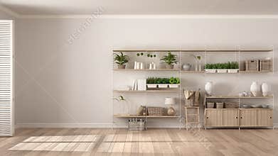 Eco white interior design with wooden bookshelf, diy vertical ga