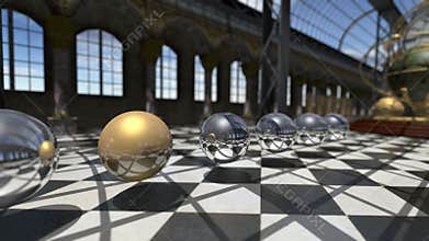 Animated surreal oprganic spheres in steampunk victorian interior. 3D rendering. 4K