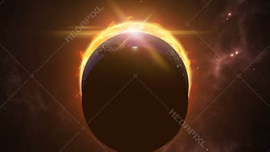 Animated sun, moon and earth globes. Eclips in cosmic scene. 3D rendering 4K