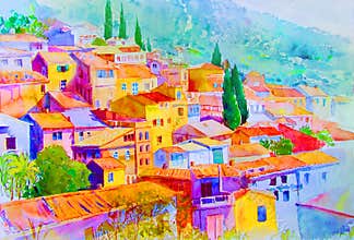 Watercolor paintings landscape of village view on hill mountain.