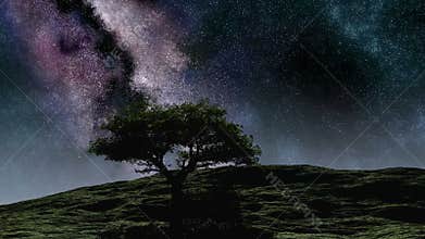 Time lapse purple night sky stars over the hill with tree