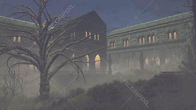 Gloomy medieval mansion at night