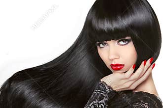 Long Hair. Beautiful Brunette Girl. Healthy Black Hairstyle. Red
