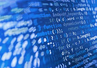 Coding programming source code screen. Colorful abstract data display. Software developer web program script.