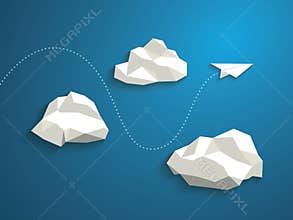 Paper plane flying between clouds. Modern