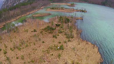 Aerial view, Flying over the forest in the mountains in Austria, deforestation