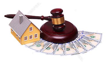 Concept of house sale with gavel and money isolated