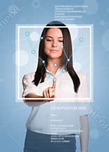 Concept of technology. Beautiful brunette pointing finger on virtual grid
