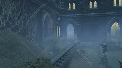 Overgrown courtyard old mansion at misty night