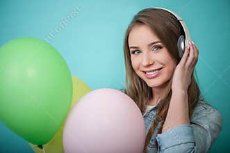 Cheerful Hipster woman with headphones and