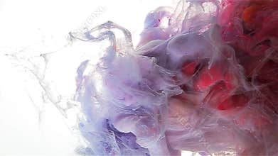 Color ink drop. Slow falll. Light violet, red, magenta.