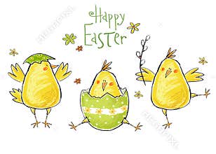 Happy easter greeting card. Cute chicken with text in stylish colors. Concept holiday spring cartoon greeting card.