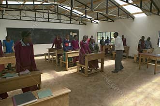 Karimba School with school children in new classroom in North Kenya, Africa