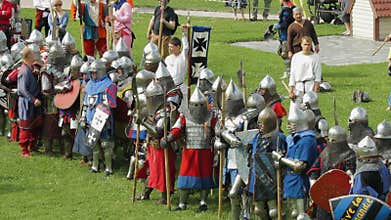 PRIOZERSK, RUSSIA- JULY 05, 2015: Knights prepare for battle during the historic medieval festival