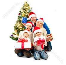Happy Christmas family with gifts on white