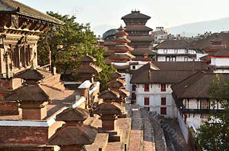 Nepal, Kathmandu, Darbar square, the old Royal Palace from the side of temple Taleju. In may 2015 square partially destroyed durin