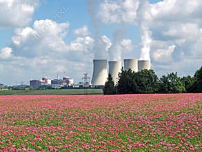 Field of poppy and nuclear power plant, Temelin