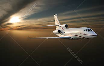Morning flight. Luxury jet plane above Earth. Success.