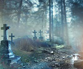 Halloween art design background. Foggy graveyard