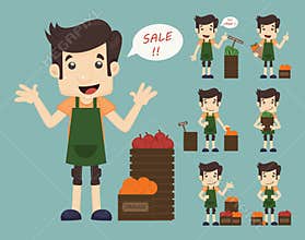 Set of youg merchant , sale man at market shopping store